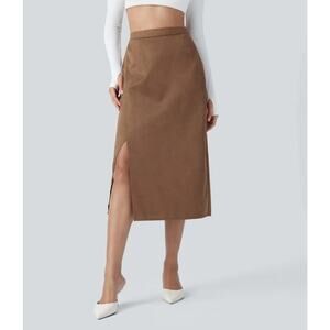 NWT Halara Midi Work Pencil Skirt Split Suede High Waist Pull On Brown Size M